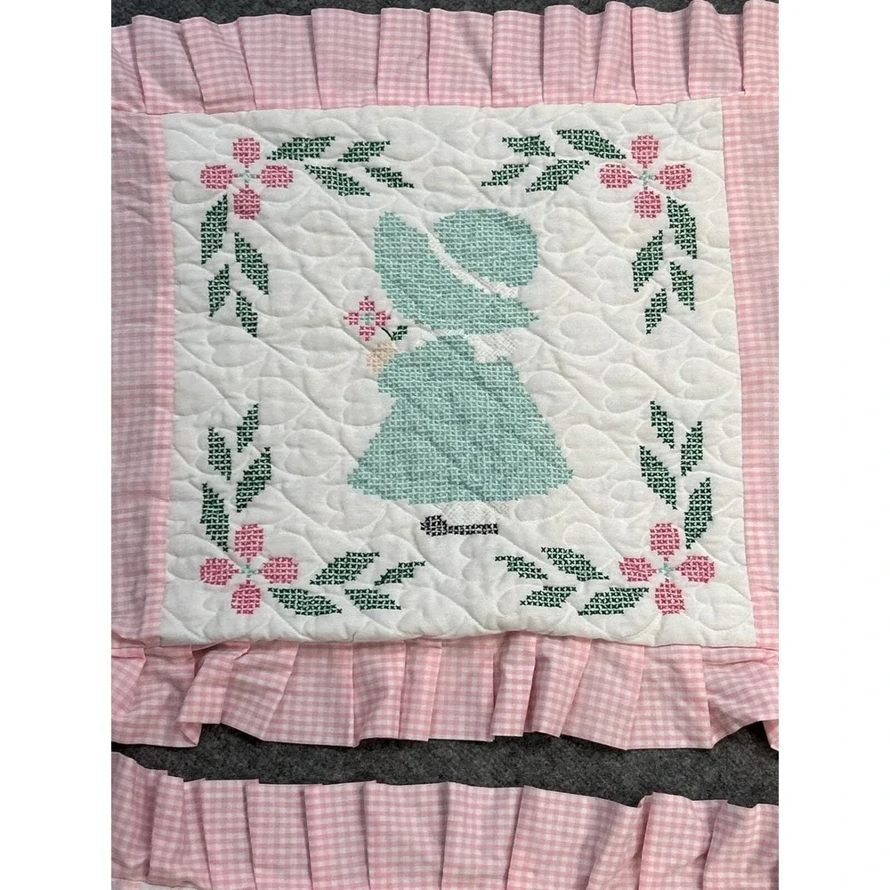 Pink Gingham Embroidered Standard Pillow Shams Ruffled Girl in Dress